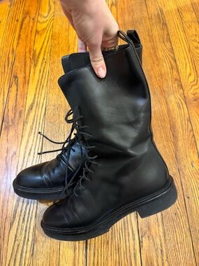 KHAITE Black Leather Lace-Up Mid-Calf Boots